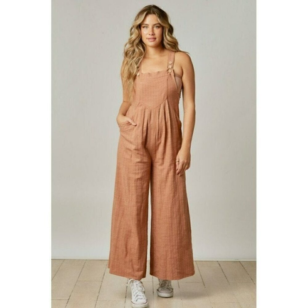 Let's Make Plans Wide Leg Overalls in Beige - Picture 3 of 7